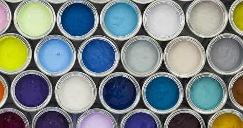 Paint tin samples, multicoloured.